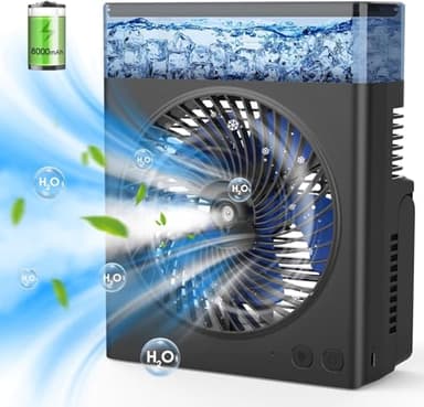 Urmaxs USB Ventilateur de Bureau, Ventilateur Portable avec Batterie 8000mAh, Réservoir d'eau 600mL, Ventilateur de Brumisation à 3 Vitesses pour la Maison, le camping, l'extérieur et l'intérieur