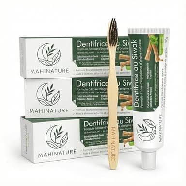 Mahinature Dentifrice Siwak & Hydroxyapatite + Xylitol [Lot de 3 + 3 Brosses Bambou] – Sans Fluor, Reminéralisant & Blanchiment Naturel – Soin Ayurvédique Miswak Menthe Poivrée