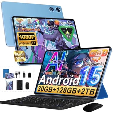 Android 15 Tablette 10 Pouces 30Go RAM+128Go ROM(TF 2To),Gemini AI,Octa-Core 8000mAh, 5G WiFi 6, 5MP+8MP,FHD 1080P Protecteur D'écran, Nombreux Accessoires,Tablette Tactile avec Clavier et Souris Bleu
