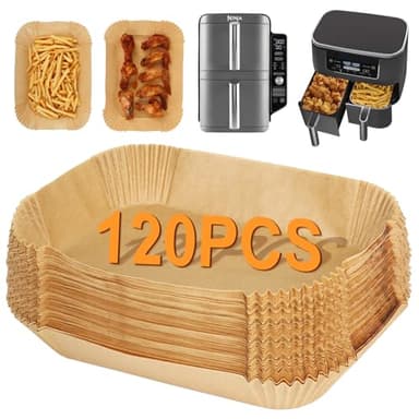 BYKITCHEN Papier Cuisson Pour Air Fryer Ninja Double Stack XL SL400EU 9,5L, 120 Pièces Accessoire Pour Air Fryer Ninja, Papier Sulfurisé Compatible Ninja AF300EU 7.6L/ Foodi Max Dual Zone AF400EU