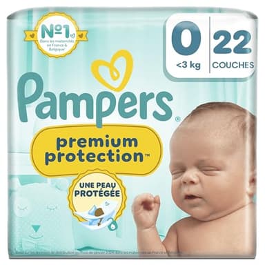 Pampers Premium Protection Taille 0, 22 Couches, 3kg, Double Protection Pour La Peau Et Contre Les Fuites