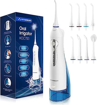 Hangsun Jet Dentaire Hydropulseur Irrigateur Oral, USB Chargé Portable Water Flosser, Réservoir 300 ml et 8 Buses de Jet pour Voyage et Maison HOC700
