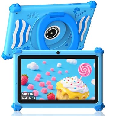 ascrecem Tablette Enfants 7 Pouces Android 15 Tablette pour Enfant avec 2.4G+5G WiFi6 Penta Core 6Go RAM 32Go ROM Double Caméra 128Go Extension Tablet Tactile Éducative Contrôle Parental (Bleu)