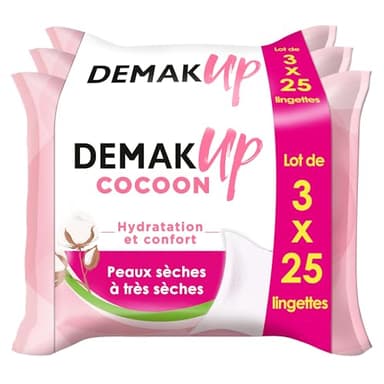 Demak'Up Cocoon Lingettes à démaquiller - Visage et Yeux - Peaux Sèches à Très Sèches - 3x25 Lingettes démaquillantes