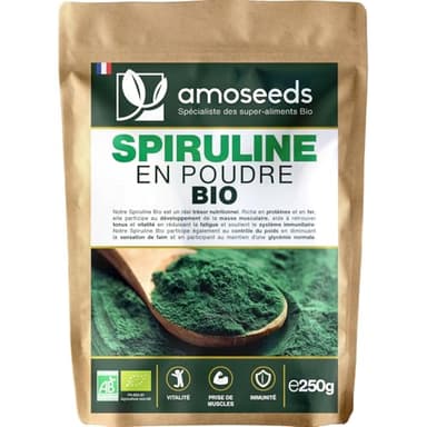 Spiruline en poudre BIO 250G | Naturelle et Pure | Riche en protéines, fer | Énergie, Sport, Immunité | Sans OGM, sans Conservateurs | Qualité Supérieure