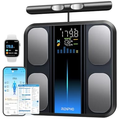 RENPHO Balance pour Poids Corporel et Taux de Graisse, Balance Intelligente avec 8 Électrodes et Plateforme Large, Analyseur Corporel pour IMC, Masse Grasse, Masse Musculaire, Haute Précision, 180 kg
