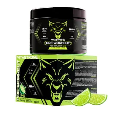 Pre Workout Booster Puissant 300g Goût Lime, Vegan Preworkout, Vitamine B12, L Citrulline, Beta Alanine, Cafeine, Taurine, AstraGin, Vitastrong Pre Workout (24 portions (paquet de 1), Lime)
