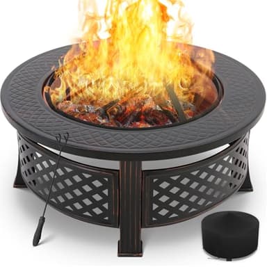 Braséro Barbecue Exterieur avec Housse de Protection, 3 en 1 Cheminée de Jardin,80x80x54cm,Chauffage en Hiver, avec Grillage de BBQ galvanisé, Pare-Étincelles, Fourche à feu, 4 PCS Pied de Brasier