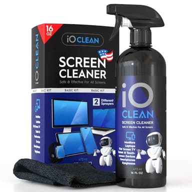 iO Clean Grand Kit de Nettoyage pour Écran (473ml) LCD LED OLED TV, Smartphone, iPad, Ordinateur Portable, Écran Tactile, Écran D'ordinateur, Autres Appareils Électroniques, Lingettes en Microfibre