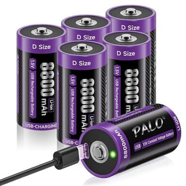 Mspalocell Lot de 6 piles D 1,5 V USB-C LR20 8800 mAh au lithium, batterie de type C, faible auto-décharge, avec lumière de charge, plus de 1500 cycles, lot de 6 piles D 1,5 V