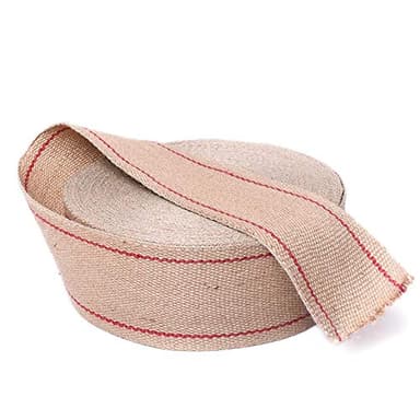 Sangle de jute 85mm - Rayures rouges - Rouleau de 25 mètres