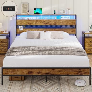 Lit 160 x 200 avec Sommier Métal, Lit 2 Place LED et Multiprise (3 Ports USB et 1 Type-C), Cadre de Lit avec Panneau Perforé, 2 Étagères et Rangement sous Lit, Lits et Cadre de Lit pour Adulte
