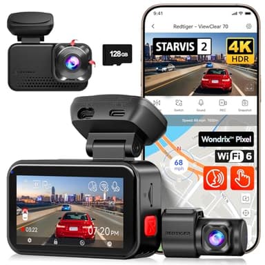 REDTIGER VC70 4K+2.5K Dashcam Voiture Avant Ariere,STARVIS 2 IMX678 x Wondrix™ HDR Lumière Noire Vision Nocturne,5.8GHz WiFi 30MB/s,Contrôle Vocal,Écran Tactile,128GB Carte,Moniteur de Parking,GPS