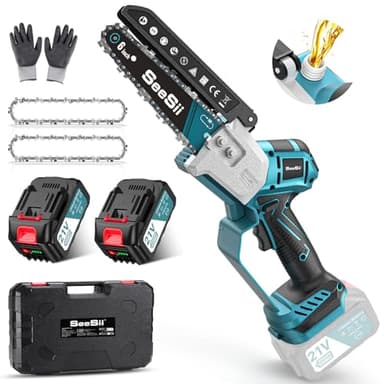 SEESII Mini Tronconneuse à Batterie 6 Pouces, Tronçonneuse Électrique Sans Balais, avec 2 * 4000 mAh Batterie, Lubrification Automatique, Compatible Makita 18V, Idéal Extérieur & Jardinage