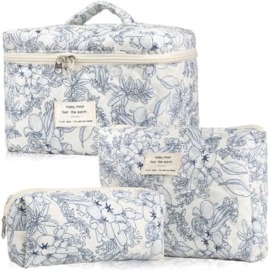 POWZOO Lot de 3 Trousse de Toilette Femme Voyage,Motif Floral Trousse de Maquillage en Coton,Trousse Maquillage Femme,Pochette de Rangement,Makeup Bag Grande Capacité,pour Fille Femmes.(Bleu)