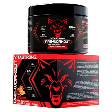 Pre Workout Booster Puissant 300g Goût Orange, Vegan Preworkout, Vitamine B12, L Citrulline, Beta Alanine, Cafeine, Taurine, AstraGin, Vitastrong Pre Workout (24 portions (paquet de 1), Orange)