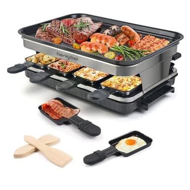 Appareil à raclette électrique pour 8 personnes, avec 8 mini poêlons et 4 spatules en bois, température réglable en continu, 1500 W, revêtement anti-adhésif, en acier inoxydable