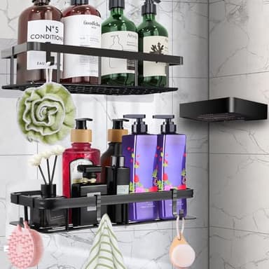 Purpledi Etagere Rangement Douche Lot de 3, Etagere Murale Salle de Bain Aluminium mit 4 Crochets, Panier de Cuisine ou Salle de Bain sans Perçage,étagère de Salle de Bain Murale