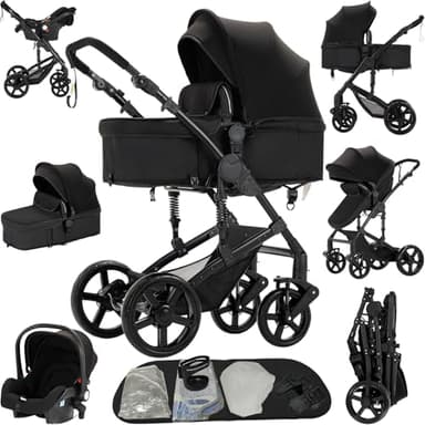 Reenborn Poussette 3 en 1, Poussette Bebe avec Réversible Deux Façons de Pousser, Pousette avec Cadre Aluminium Haute Paysage, Pousette 3 en 1 avec Conception Pliable en Un Clic (588 Black)