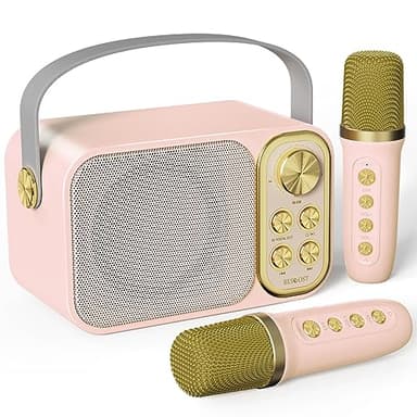 Machine de Karaoké avec 2 Micro sans Fil, Haut-Parleur Bluetooth Portable, Dispose 7 Effets Sonores, pour Fête et Voyage