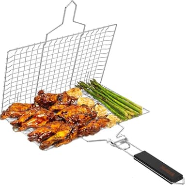 Panier Grille Barbecue en Acier Inoxydable 304 | Pliable, Portable & Résistant | Avec Poignée Amovible | Pour Poisson, Légumes, Crevettes, Steak