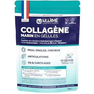 Collagène Marin + Acide hyaluronique et Biotine | Peptides de Collagène Hydrolysés Type 1 | Peau, Cheveux, Articulations | Fabriqué en France (90 Gélules | 30 jours)