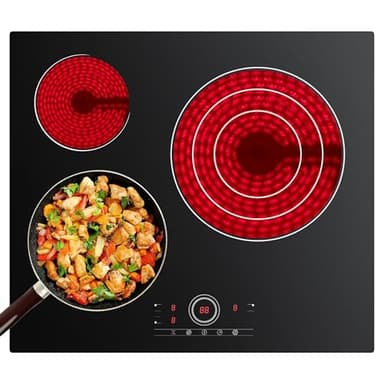 CDV Plaque de Cuisson Electrique, Plaque Vitrocéramique 3 Feux Encastrable, 5600W, 59CM, Commande Tactile, Minuteur, Pour tous Types de Casseroles