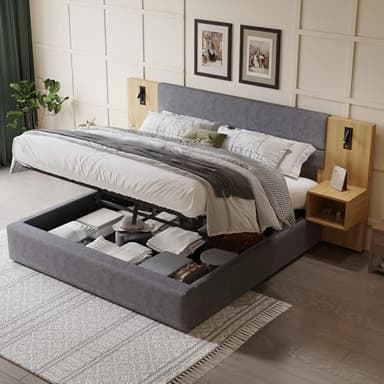 Lit coffre 160 x 200 avec sommier à lattes,lit coffre avec port USB et éclairage,cadre de lit 2 personnes avec deux tables de chevet et rangement,lit adulte capitonné double,velours,gris et naturel