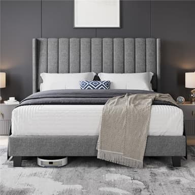 Yaheetech Lit Double Rembourré 160x200 cm avec Sommier Coffre Lits 2 Personnes pour Adultes Cadre de Lit Moderne en Bois et Métal, Gris Clair