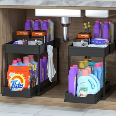 Lot de 2 Rangements Sous Évier à Tiroir Coulissant – Organisateur Cuisine & Salle de Bain – Gain de Place, Montage Facile, 8 Crochets Inclus – Meuble de Rangement Compact - Entreprise Française