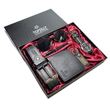 Topzilly Coffret cadeau pour homme en cuir de qualité supérieure - Montre à quartz - Ceinture - Porte-clés - Lunettes de soleil - Portefeuille - Stylo de Saint-Valentin - Fête des pères - Cadeau de
