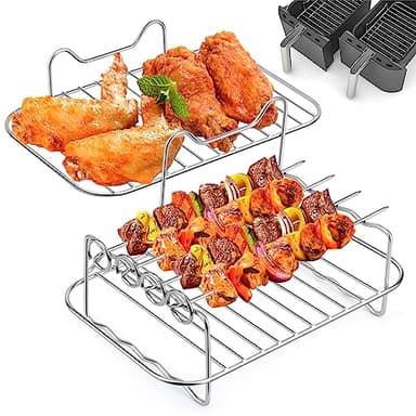 Accessoires pour Friteuse en Acier Inoxydable 304, Support Multifonction Double Couche avec Brochette Compatible avec Ninja Foodi AF300EU / AF400EU, Accessoire pour Air Fryer Friteuses à Double Panier