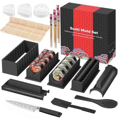 SKYSER kit Home sushi maker complet 20 Pièces Form Presse avec Sushi Rice Rolling Forms, Fourchette, Couteau à sushi, Rolling Mat, Baguettes DIY kit pour faire des（Noir）