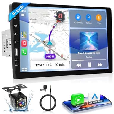 VECHTEL Autoradio Bluetooth 1 DIN avec Carplay et Android Auto, 9 Pouces HD Ecran Tactile Poste Radio Voiture Soutien Supporte Lien Miroir Radio FM USB EQ, Autoradio avec Caméra de Recul