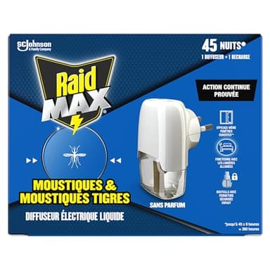 Raid Max Prise Anti-Moustiques Electrique Liquide - Moustiques et Moustiques Tigres 45 Nuits - 1 Diffuseur + 1 Recharge - Sans Parfum