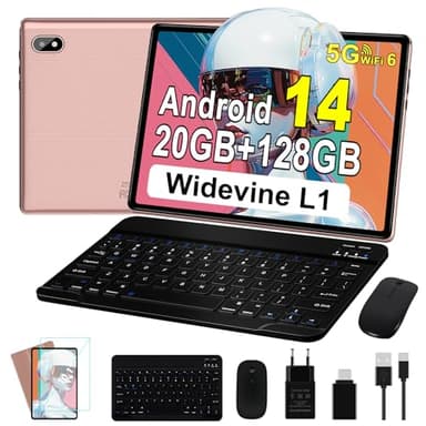 Tablettes 10 Pouces Tablette Android 14 avec 20Go RAM+128Go ROM(TF/1To), Octa-Core, 5G WiFi 6, Widevine L1, GMS, 5MP+8MP, 1280 * 800, Bluetooth 5.0, Tablette Tactile avec Clavier+Souris et Cas- Rose