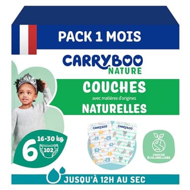 CARRYBOO - Couches Taille 6 (16-30kg) - Peaux sensibles - Naturelles et Ultra absorbantes - 12h Anti-fuites - Sans ingrédients indésirables - Fabriquées en France - 102 Couches - Pack 1 Mois