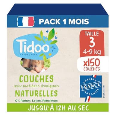 TIDOO - Couches écologique Taille 3 (4-9kg) - Origine Naturelle, sans substances nocives - 12h au sec, ultra absorbantes - Fabriquées en France - 150 Couches Jetables - Pack 1 Mois