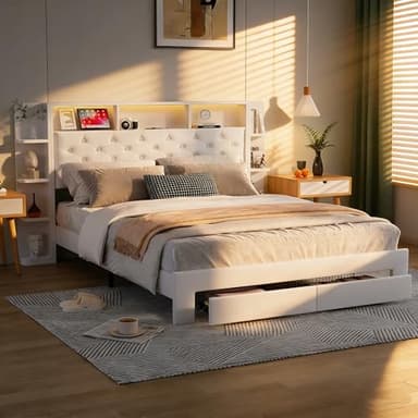 BRILVERDE Lit Double 160x200 avec tiroirs et Table de Chevet, avec LED et USB, Lit Coffre avec sommier à Lattes et tête de lit, pour Adultes et Adolescent, Velours (Blanc,160x200 cm)