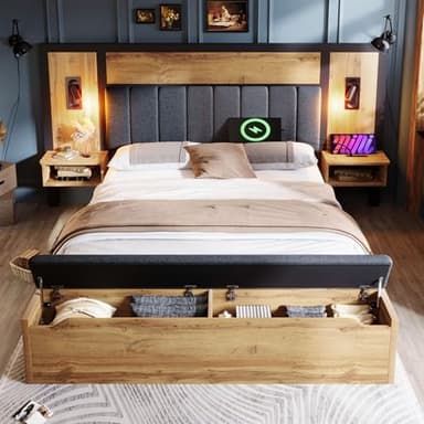 Lit double 160 x 200 cm, avec 2 tables de chevet et banc, pour chambre à coucher, lit rembourré avec USB et lampe de lecture, sommier à lattes en métal, sans matelas (chêne, 160 x 200 cm)