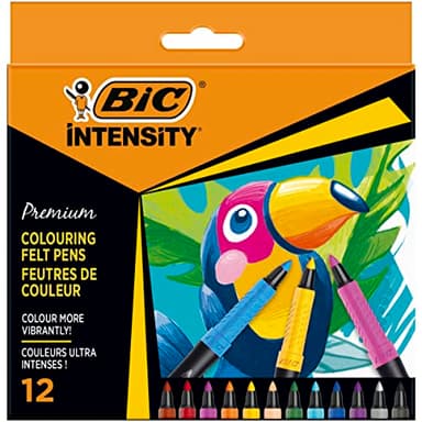 BIC Intensity - Feutre de Coloriage Pointe Conique Fine pour un Tracé Précis ou Large avec Corps Noir Mat - Couleurs Assorties, Pochette de 12
