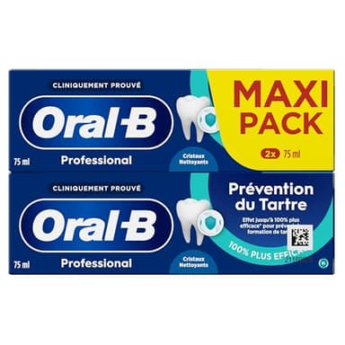 Oral-B Dentifrice Prévention Du Tartre Professional Prevention, Complexe De Fluorure Stanneux Avec Des Cristaux Nettoyants Pour Un Brossage Des Dents En Profondeur, Zinc Actif, 2x75ml