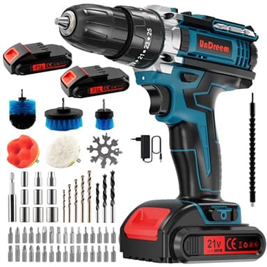Visseuse sans fil avec deux piles de 21 V, avec 3 fonctions, perceuse à percussion avec kit d'accessoires de 61 pièces, brosse avec kit de nettoyage