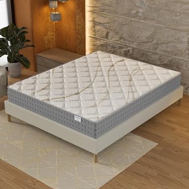 NOVEMBER- Ensemble Matelas + sommier (140 x 200cm)- Matelas Essem Ressorts ensachés & Mousse Haute Densité d’épaisseur 25cm + Sommier Bois Stable & Robuste revêtement Tissu Blanc