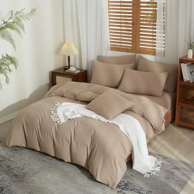 YASMENG Housse de Couette Demi-Lin 240x260 Brun Parure de Lit Mélangé Doux Respirant Douillet Coton Lin Linge de Lit 2 Personne avec Fermeture Éclair et Taies d'oreiller 65x65 cm