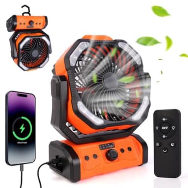 ELZO Ventilateur de Camping USB 20000 mAh avec Lumière LED,Ventilateur de bureau/tente rechargeable portable avec télécommande et crochet, rotation de la tête à 270° pour Ouragan de pêche de panne