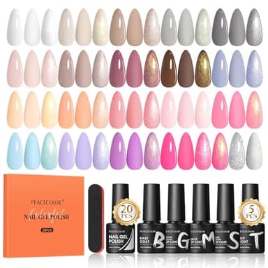 PEACECOLOR 25PCS Vernis Semi Permanent Kit, 20 Couleurs Blanc Nude Rose Marron Pailleté Vernis Gel UV Semi Permanent 1 Base Coat 4 Top Coat, Nail Art Manucure Automne Hiver