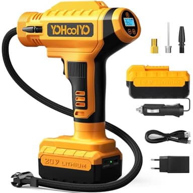 YOHOOLYO Compresseur à Air Portatif Compresseur Voiture 150PSI Gonfleur Pneus Voiture Arrête Automatique avec Ecran LCD Lumière LED Type-C Câble 4 Buses pour Voiture Moto Vélo Balle