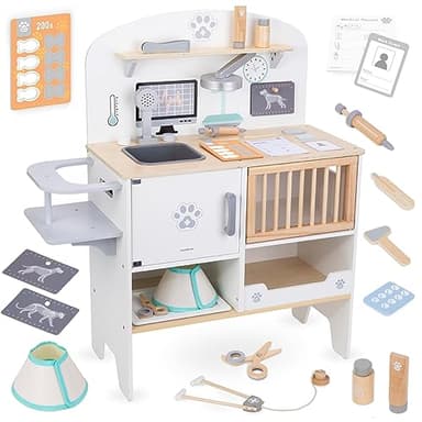 mamabrum Hôpital vétérinaire en Bois pour Enfant – kit éducatif 20 Accessoires : Clinique vétérinaire, médicaments, radiographies, Badge Docteur – dès 3 Ans