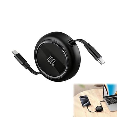 1 Mètre Câble USB-C Rétractable 100W PD 5A, Câble de Chargement Rétractable, USB C Retractable, Charge Rapide QC 4.0 - Longueur Ajustable à 4 Niveaux pour 15, 16, 17, Galaxy, Design Compact et Léger